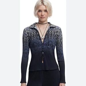 Desigual Kemeja pleated button up collared gray shirt blouse ombré top l large